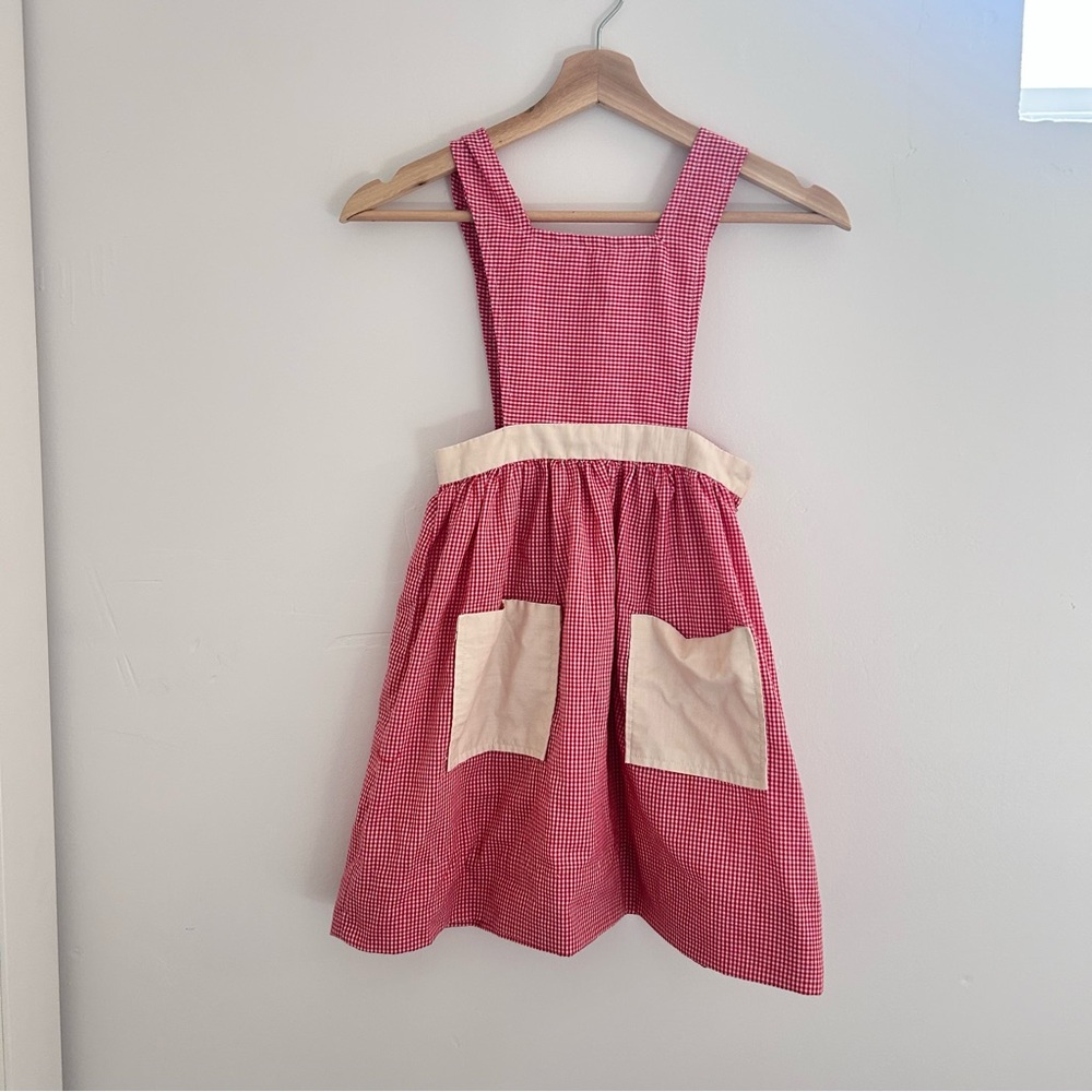 Vintage pinafore apron red gingham dress fits like size 6 handmade